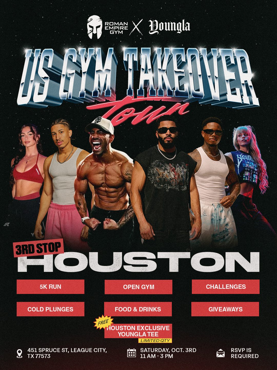 US Gym Takeover Tour Houston event poster: Roman Empire Gym x YoungLA, Saturday Oct. 3rd, 11 AM to 3 PM, 451 Spruce St, League City, TX